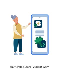  Senior woman with proper foods for elderly. Healthy nutrition for old people , healthy aging. Mobile application for calorie counting. People counting calories with smartphone app. 