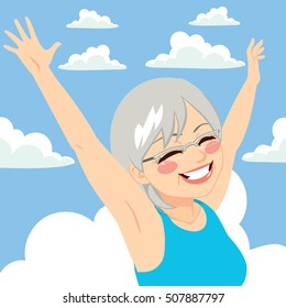 Senior woman raising arms up with blue sky background freedom concept