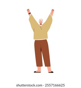 Senior woman raising fists, arms up in winner pose. Happy elderly female celebrating with hands gesture, joy emotion, smiling expression. Flat vector illustration isolated on white background