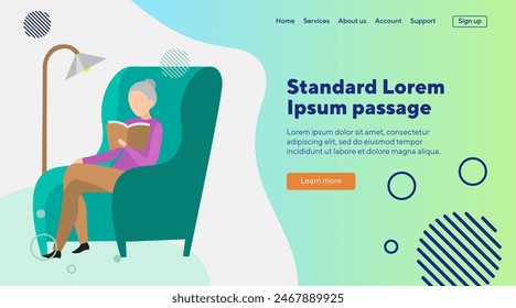 Senior woman reading book. Female cartoon character sitting in big armchair in living room. Vector illustration. Retirement, hobby, leisure concept for banner, website design, landing page