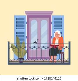 Senior woman is reading book on the balcony. Vector flat illustration