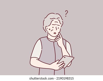 senior woman reading news on digital tablet. Question. Hand drawn style vector design illustrations.