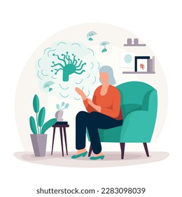Senior woman receives cognitive behavioral therapy for anxiety. Maternal mental health month. Medical treatment concept. Flat illustration