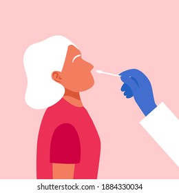  Senior Woman Receiving A Covid19 Coronavirus Testing By Medical Staff, Doctor Or Nurse. DNA Test By Nose Swap Probe At Hospital In Flat Design Vector.