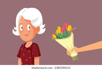 
Senior Woman Receiving a Flower Bouquet as Gratitude Gesture vector Illustration. Granny receiving a gift of appreciation and respect
