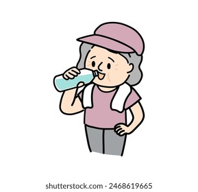 Senior woman rehydrating with a plastic bottle.