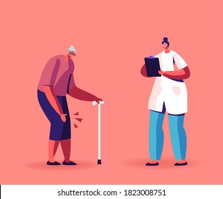 Senior Woman with Rheumatoid Arthritis of Knee Joints Moving with Walking Cane in Nursing Home or Hospital. Aged Lady Use Tool for Elderly People Going Ability. Linear Character Vector Illustration
