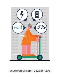 Senior woman riding electric scooter in city, using urban eco-friendly transport. Reducing world energy consumption. Contemporary vehicle rental services, company rating. Flat vector illustration