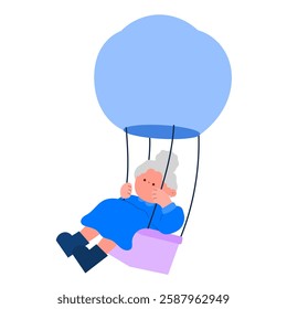 senior woman riding a hot air balloon, travel adventure flat vector illustration