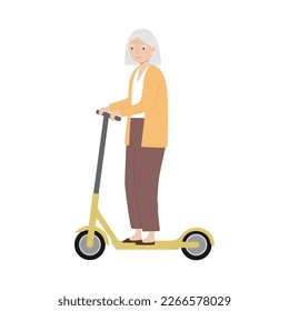 Senior woman riding kick scooter. Old woman riding electric scooter. Isolated Vector illustration