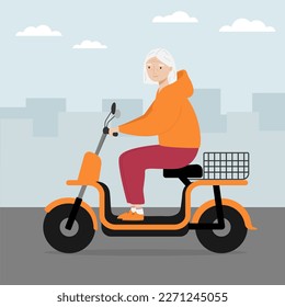 Senior woman riding modern electric bike scooter in the city. Urban eco transport. Vector illustration