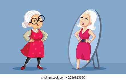 Senior Woman Seeing her Younger Self in the Mirror. Elderly lady remembering herself in the younger years smiling and accepting the aging process

