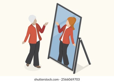 Senior woman seeing her younger self in the mirror. Elderly lady smiling and accepting the aging process. Simple design without a face. Isometric flat vector illustration