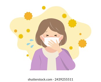 Senior woman with severe symptoms of hay fever (with mask)_vector illustration