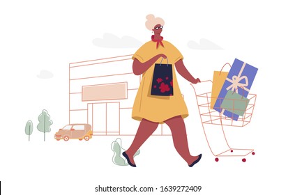 Senior woman with shopping bags. Modern female funny character design over the mall and car linear illustration. Flat and linear image for season sales, shopping malls, markets, promotion materials.