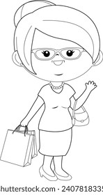Senior woman with shopping bags. Old lady with paper shopping bags. Vector black and white coloring page.