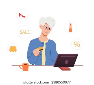 Senior woman shopping online at Tablet, buying clothes, shoes, cosmetics on sale. Black Friday. Mature woman character. Vector Illustration in flat style.