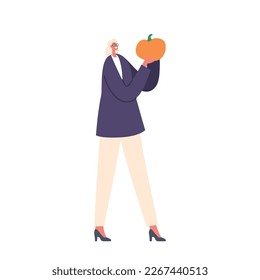 Senior Woman Shopping, Selecting A Pumpkin Of Harvest Vegetables In Market Stand. Character Makes A Decision On Which Pumpkin To Buy Isolated on White Background. Cartoon People Vector Illustration
