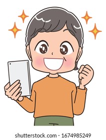 Senior woman with short hair wearing orange clothes.She uses a smartphone.