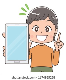 Senior woman with short hair wearing orange clothes.She uses a smartphone.