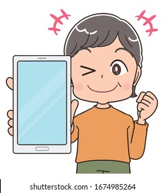 Senior woman with short hair wearing orange clothes.She uses a smartphone.