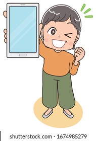 Senior woman with short hair wearing orange clothes.She uses a smartphone.