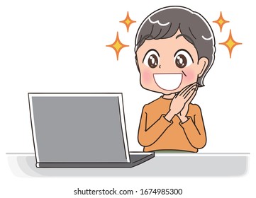 Senior woman with short hair wearing orange clothes.She uses a personal computer.