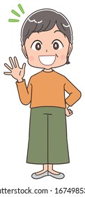 Senior woman with short hair wearing orange clothes.She has positive emotions.