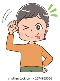 Senior woman with short hair wearing orange clothes.She is emotional.