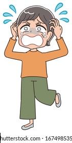 Senior woman with short hair wearing orange clothes.She has negative emotions.