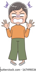 Senior woman with short hair wearing orange clothes.She has negative emotions.