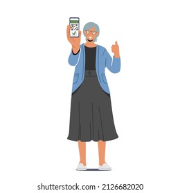 Senior Woman Show Qr Code Isolated on White Background. Elderly Female Character with Device Showing Covid Vaccination Certificate on Phone Screen, Sanitary Pass. Cartoon People Vector Illustration