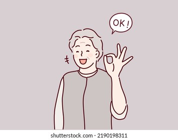 senior woman is showing a gesture Okay, ok. Hand drawn style vector design illustrations. Hand drawn style vector design illustrations.