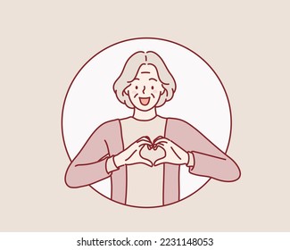  Senior woman showing heart gesture with two hands.  Hand drawn style vector design illustrations.