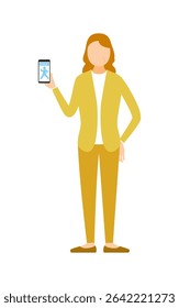 Senior Woman showing smartphone with health app, vector illustration of elderly woman using mobile device, Vector Illustration
