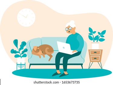 Senior Woman sit on sofa at home with Laptop in Hands Communicating in Internet Cartoon Flat Vector Illustration