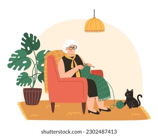 Senior woman sits in an armchair and knits a scarf in a cozy room in flat style