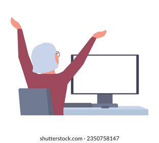 Senior woman sits back at table computer and stretching, doing exercises. Elderly pensioner practicing workout at workplace in break. Removing tension, muscle soreness for rest, relaxation. Vector