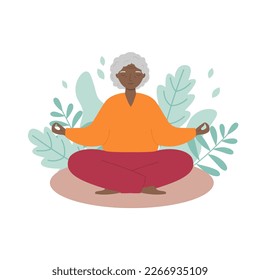 Senior woman sits cross-legged and meditates. Old woman makes morning yoga or breathing exercises. Isolated vector illustration 