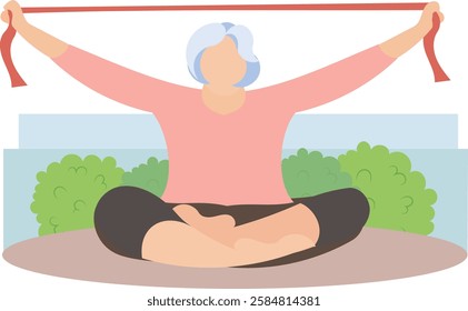 Senior woman sits cross-legged. Old woman makes morning yoga or breathing exercises. Isolated vector illustration.