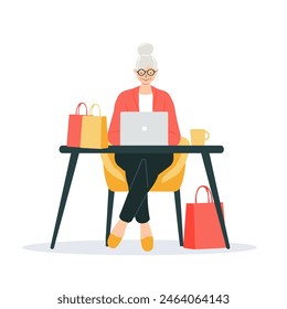 Senior woman sits on a chair with an open laptop, browsing and shopping online. Cartoon people vector illustration.