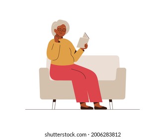 Senior woman sits on the couch and reads the book with interest. Grandmother spends time at home with a book. Leisure and relax concept. Vector illustration  