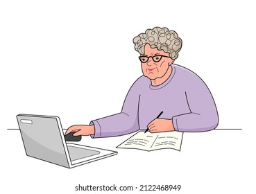Senior Frau sitzt mit ihrem Laptop am Tisch und schreibt in ein Notizbuch. Vektorfarbige Illustration im Konturstil.