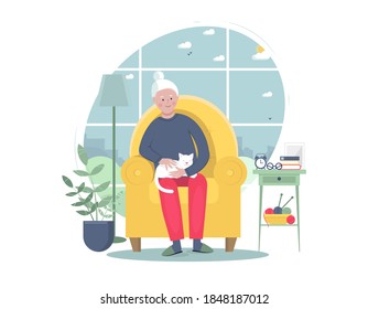 Senior woman sitting in armchair with cat. Stay home concept. Vector flat illustration.