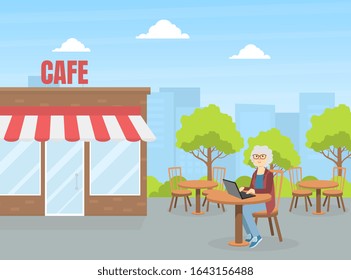 Senior Woman Sitting in Cafe and Using Laptop, Elderly People Active Lifestyle Vector Illustration