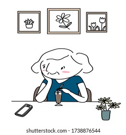 Senior woman sitting at cafe and using phone. Mature woman sitting at coffee shop, reading text message on smartphone screen during her leisure time. Vector Illustration with hand-drawn style.