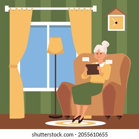 Senior woman sitting at chair at home and using electronic tablet, flat vector illustration. Learning computer and electronic technology by elderly senior people.