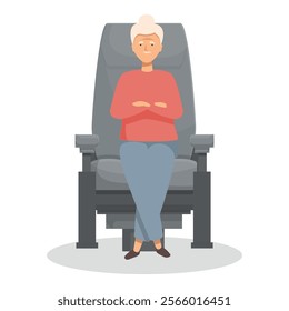 Senior woman is sitting comfortably in an armchair, with her arms crossed, looking confident and relaxed