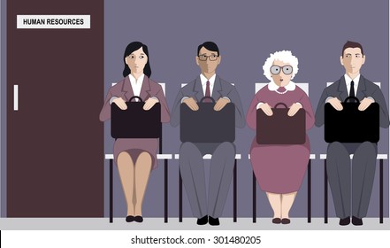 Senior woman sitting in a line for a job interview among much younger applicants, vector illustration, EPS 8