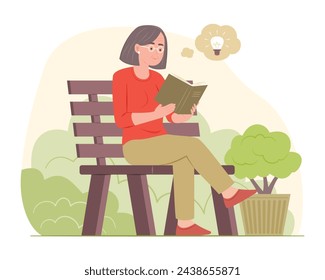 Senior Woman Sitting on Bench in Garden and Reading a Book